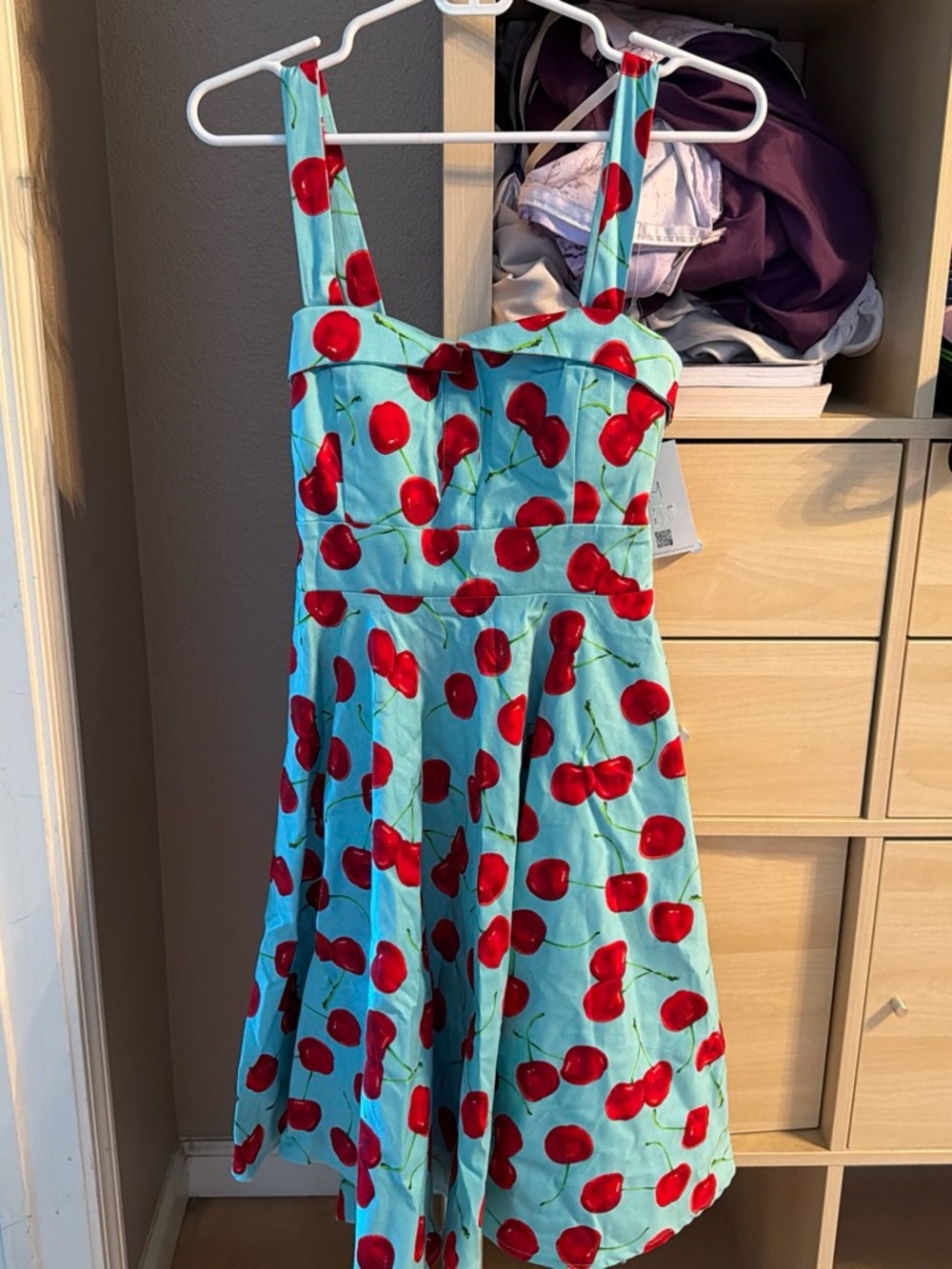Blue Cherry Print Casual Sundress with Red Cherry Pattern